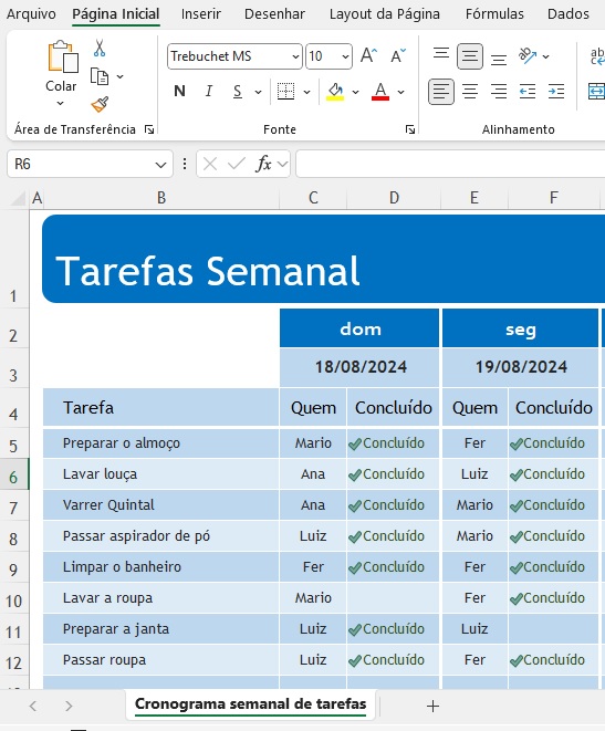 Planilha tarefa semanal