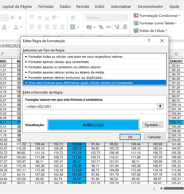 Formatação condicional no Excel em cruz