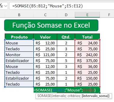 Como usar a função somase no Excel