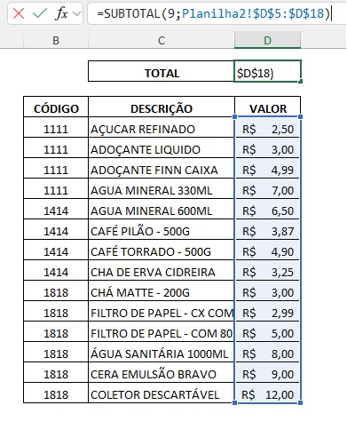 Função subtotal no Excel