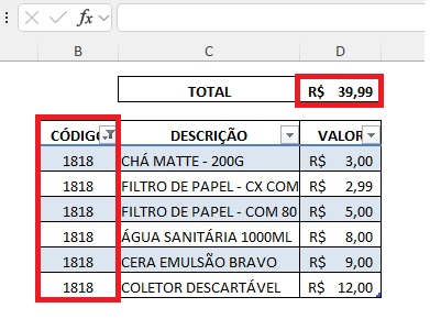 Função subtotal no Excel