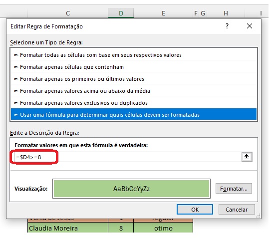 Formatação condicional no Excel na linha inteira