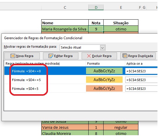 Formatação condicional no Excel na linha inteira