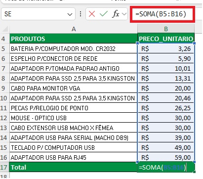 Função SOMA no Excel